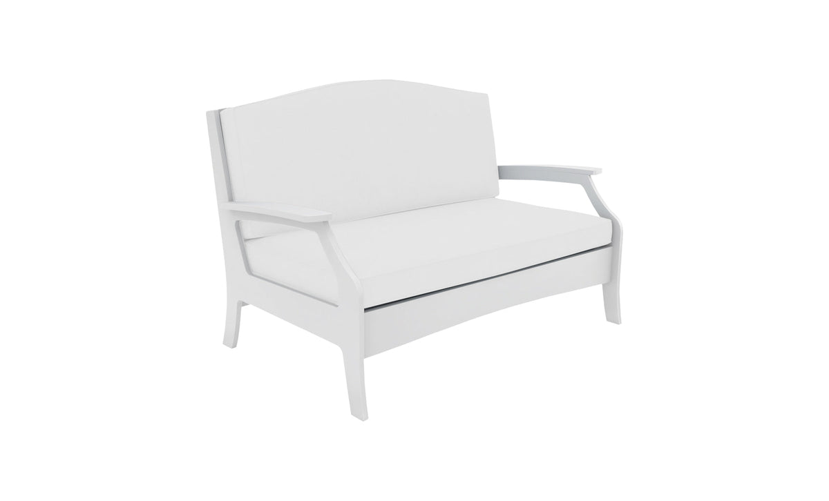 Ledge Lounger Legacy Loveseat in White with navy deep-seat cushions and a Lattice back