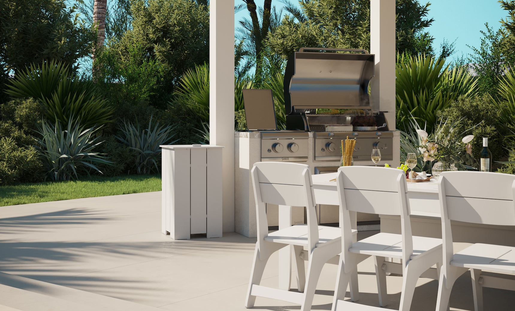 Mainstay dining set with armchairs at the table ends beside a grill