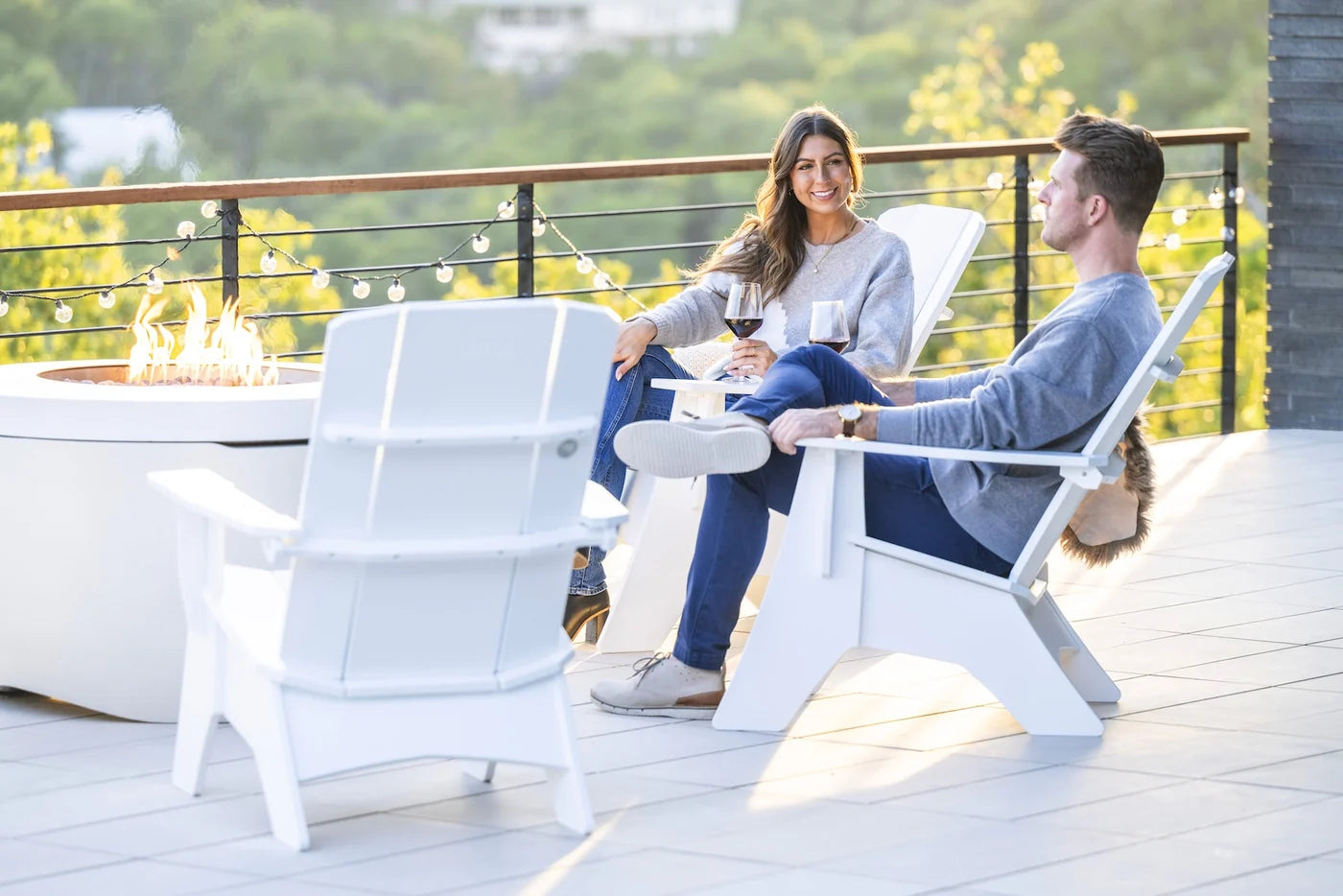 Ledge Halo Propane 40" Firepit with Set of 4 Adirondack Chairs