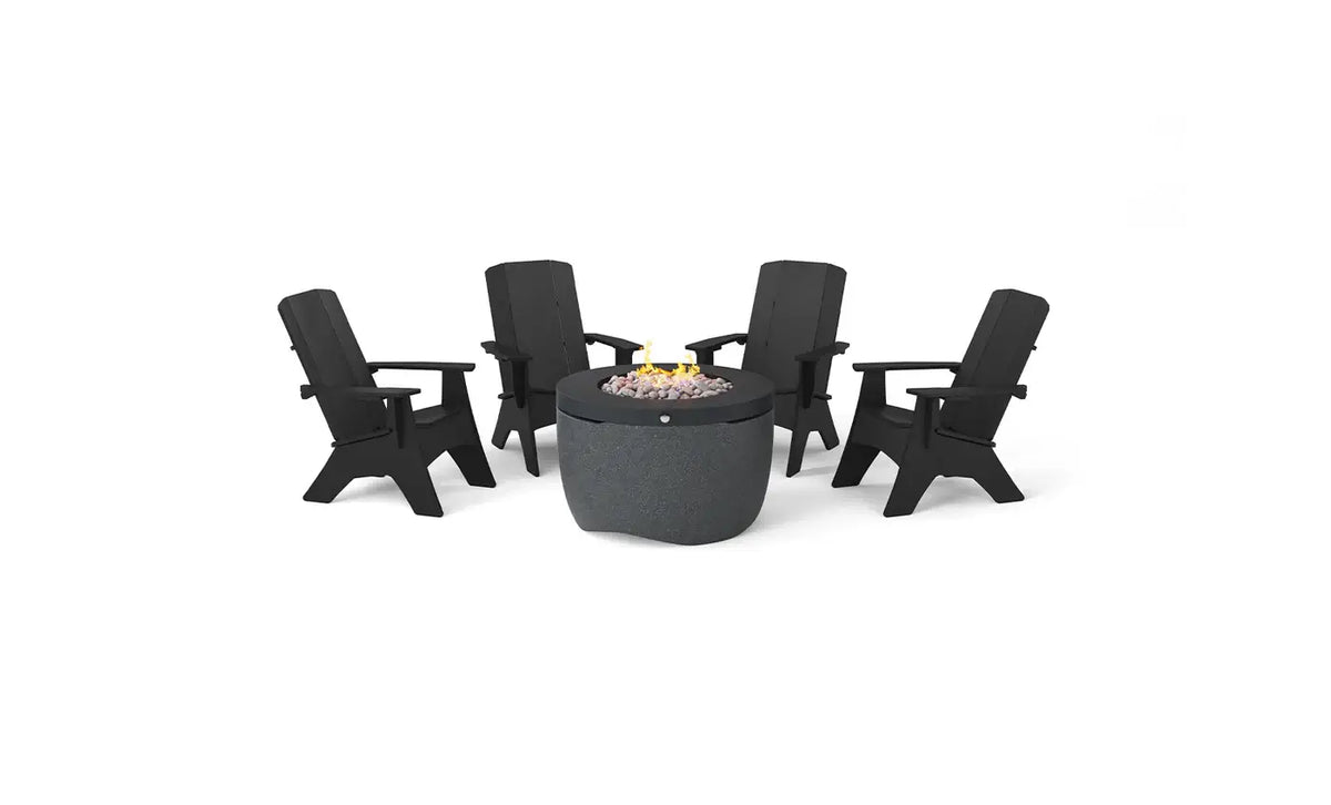 Black Ledge Halo Propane 40" Luxury Firepit with Set of 4 Black Adirondack Chairs