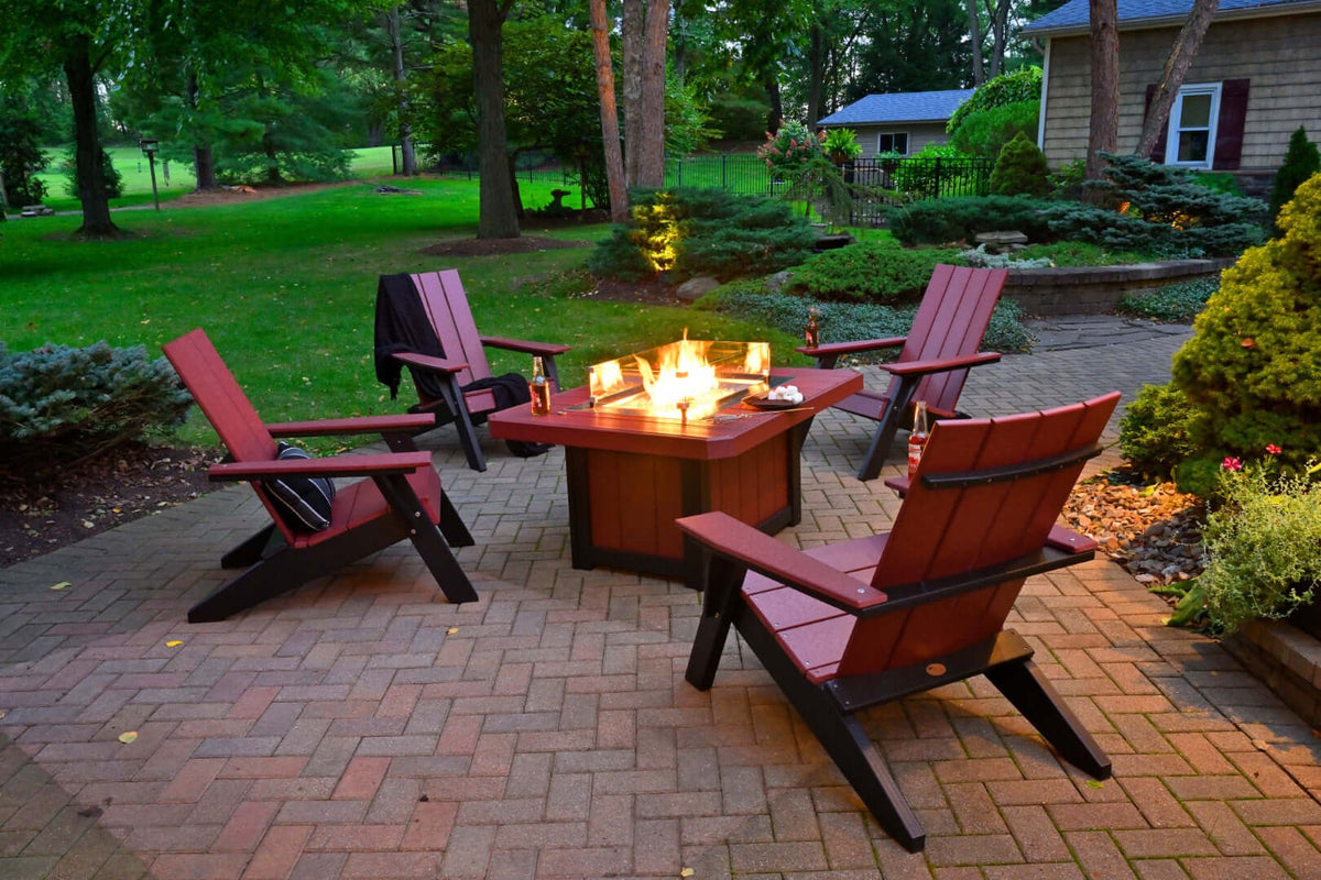 LuxCraft 51" Lumin Rectangular Gas Propane Fire Pit Table in Cherrywood and Black paired for outdoor fire conversation — weather-resistant design