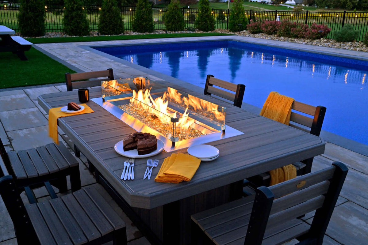LuxCraft 79" Lumin Rectangular Gas Propane Fire Table Set in Coastal Gray and Black paired for fire-feature patio gatherings — weather-resistant de...