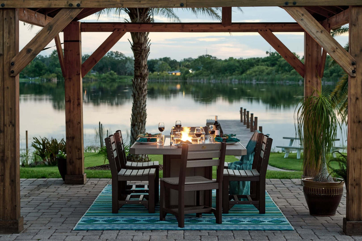 LuxCraft 79" Lumin Rectangular Gas Propane Fire Table Set in Weatherwood and Chestnut Brown configured for outdoor entertaining — fade-resistant poly