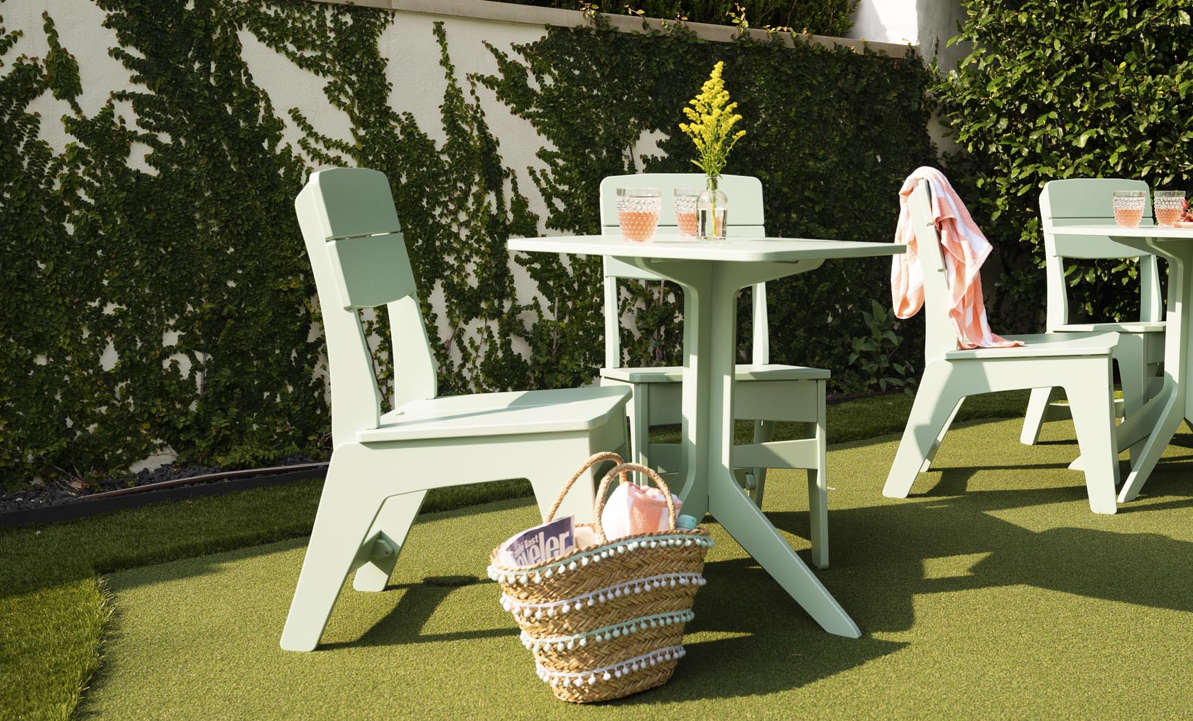 Sage Green Mainstay Dining Side Chairs at an outdoor bistro setting