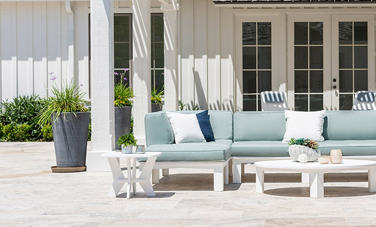 Mainstay Square Side Table styled beside a patio sectional