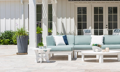 Mainstay Square Side Table styled beside a patio sectional
