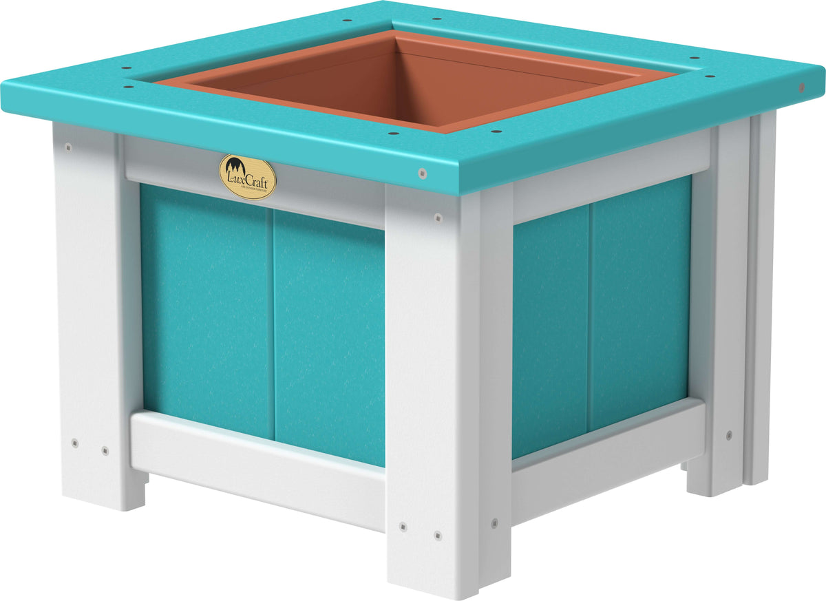 LuxCraft 15" Square Outdoor Planter in Aruba Blue and White — Amish-crafted recycled poly, 20-year poly durability