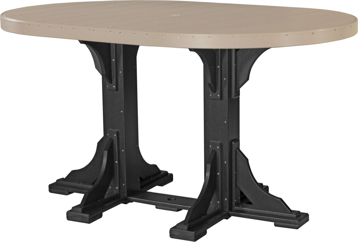 LuxCraft 6' Oval Outdoor Dining Table | Bar Height in Weatherwood and Black — umbrella-ready oval table, fade-resistant poly