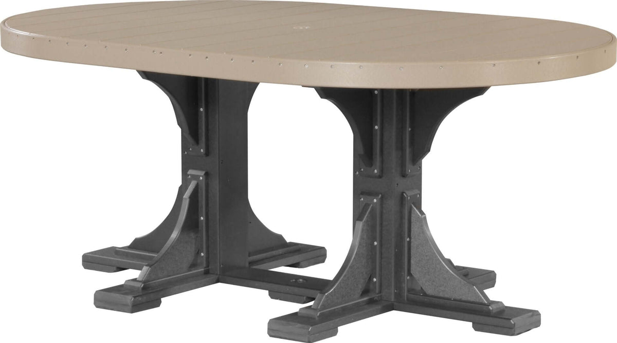 LuxCraft 6' Oval Outdoor Dining Table | Dining Height in Weatherwood and Black — umbrella-ready oval table, fade-resistant poly