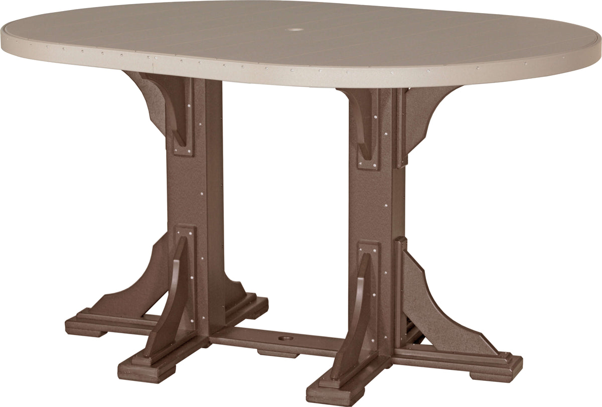 LuxCraft 6' Oval Outdoor Dining Table | Bar Height in Weatherwood and Chestnut Brown — Amish-crafted recycled poly, weather-resistant design