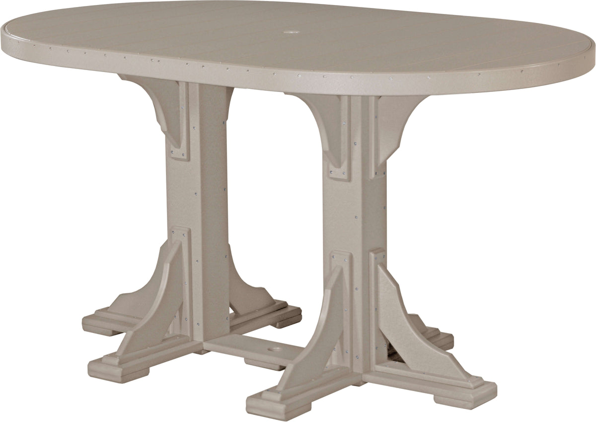 LuxCraft 6' Oval Outdoor Dining Table | Bar Height in Weatherwood — rounded oval tabletop for elongated patio dining