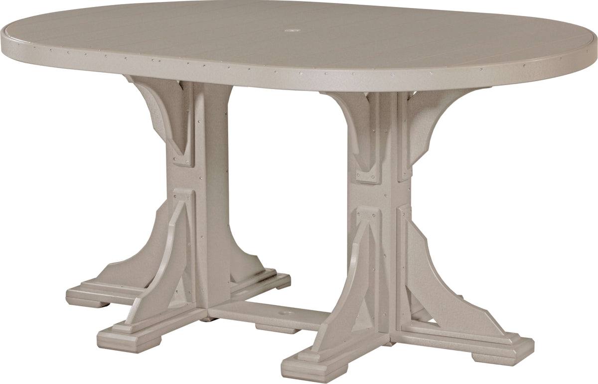 LuxCraft 6' Oval Outdoor Dining Table | Counter Height in Weatherwood — rounded oval tabletop for elongated patio dining