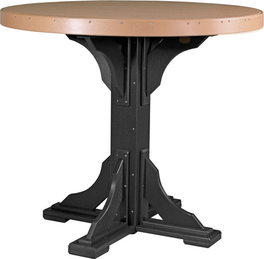 LuxCraft 4' Round Outdoor Dining Table | Bar Height in Cedar and Black — circular dining surface, recycled HDPE construction