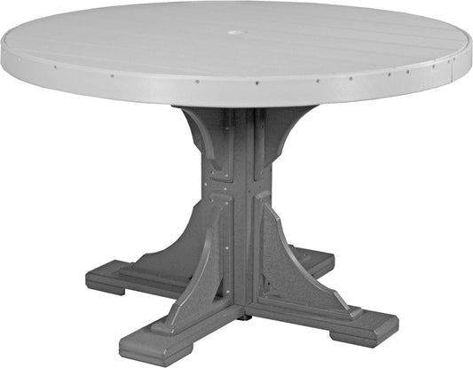 LuxCraft 4' Round Outdoor Dining Table 5-Piece Set | Dining Table Benches in Dove Gray and Slate — Amish-crafted recycled poly, weather-resistant d...