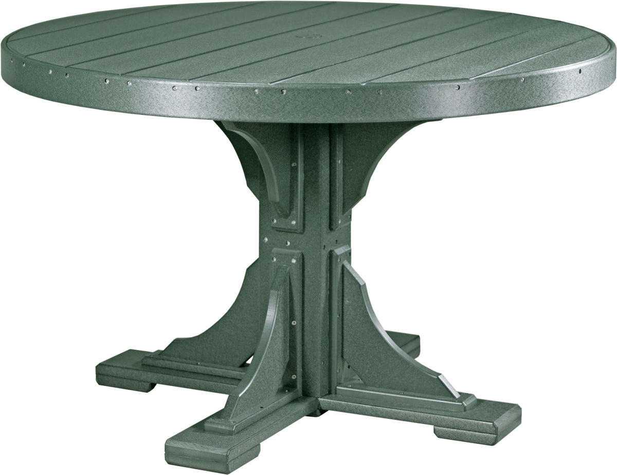 LuxCraft 4' Round Outdoor Dining Table 5-Piece Set | Dining Table Benches in Green — recycled poly round tabletop for round patio dining