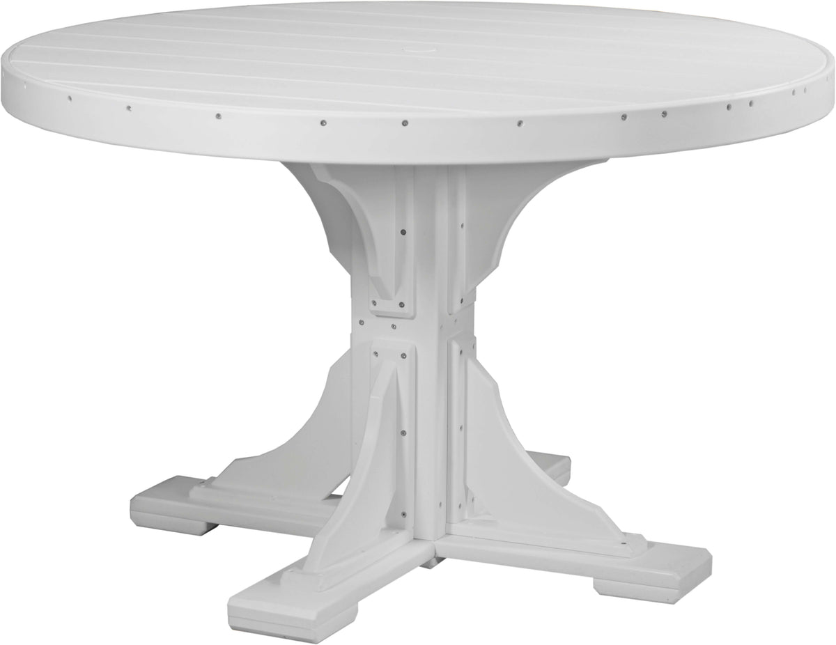 LuxCraft 4' Round Outdoor Dining Table 5-Piece Set | Dining Table Benches in White — circular dining surface, long-life recycled poly