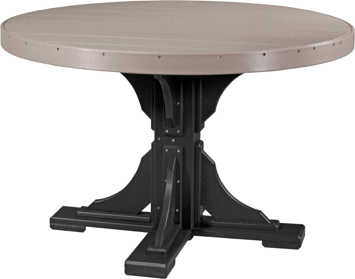 LuxCraft 4' Round Outdoor Dining Table 5-Piece Set | Dining Table Benches in Weatherwood and Black — recycled poly round tabletop for round patio d...