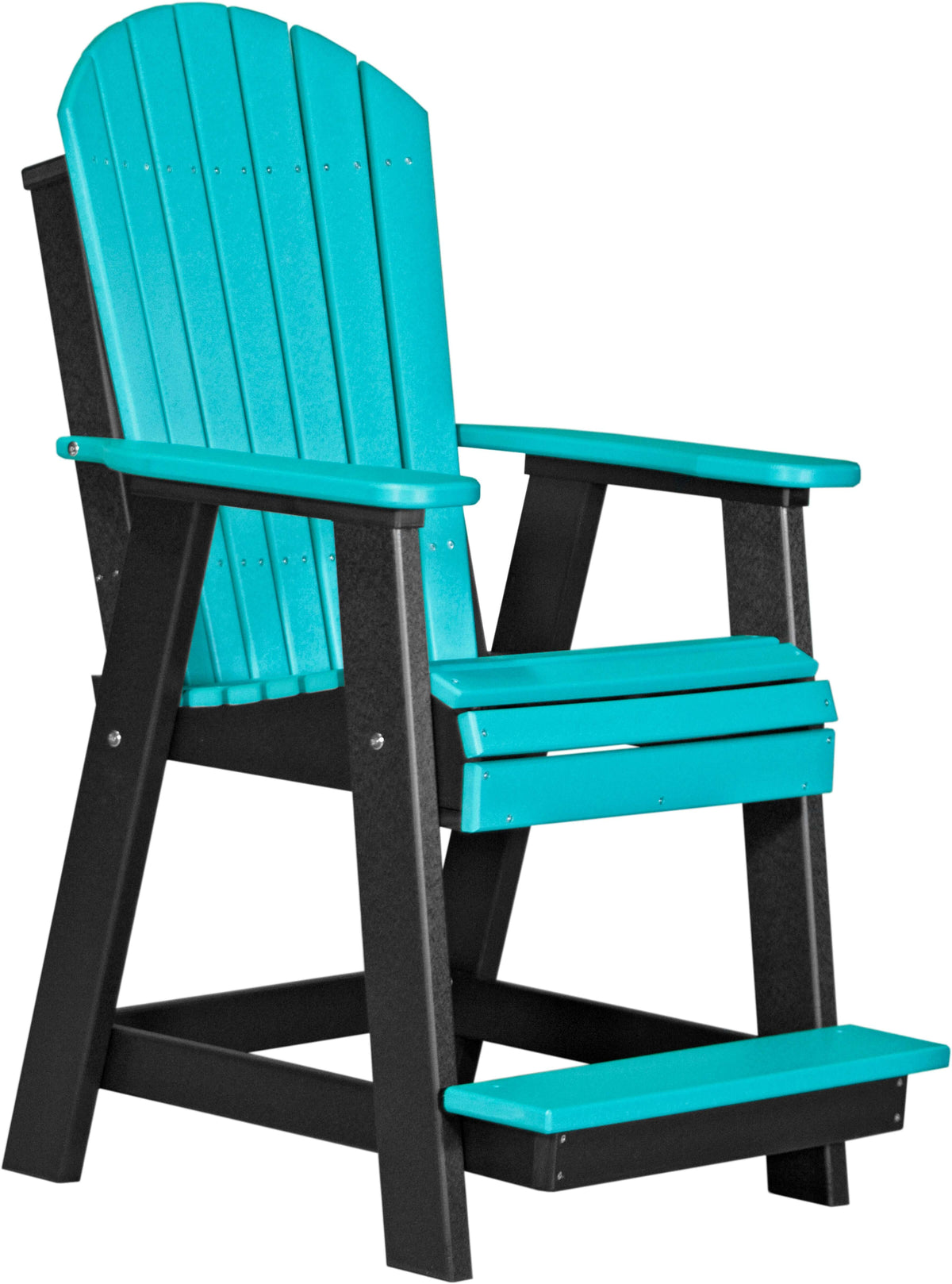 LuxCraft Adirondack Balcony Chair in Aruba Blue and Black — angled-back lounge design, fade-resistant poly