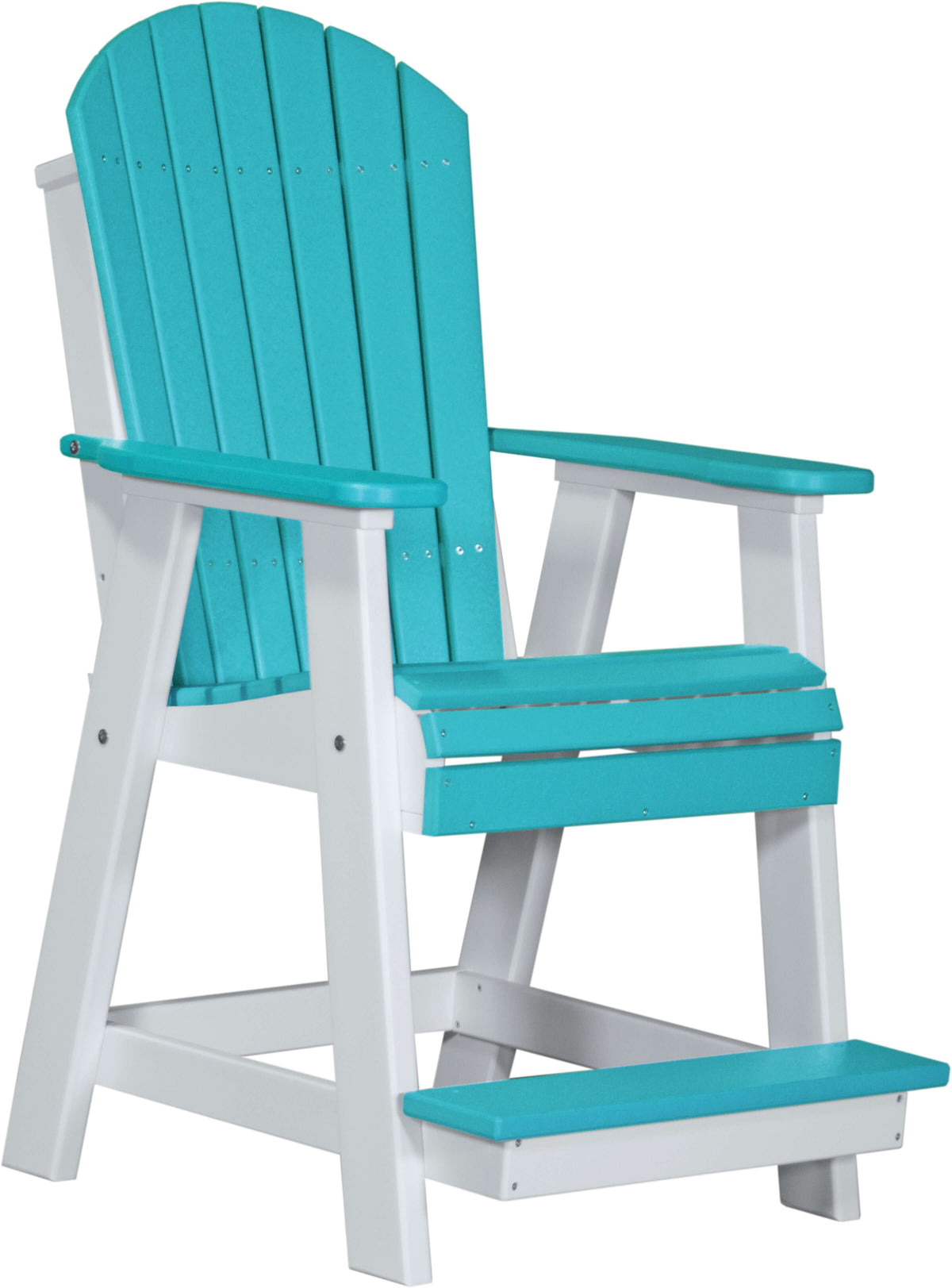 LuxCraft Adirondack Balcony Chair in Aruba Blue and White — wide armrests and reclined back for backyard relaxation