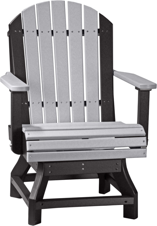 LuxCraft 4' Round Table Set with Adirondack Swivel Chairs in Dove Gray and Black — wide armrests and reclined back for backyard relaxation