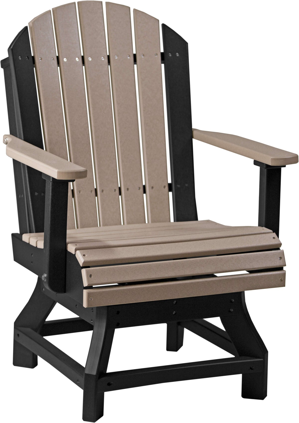 LuxCraft 4' Round Table Set with Adirondack Swivel Chairs in Weatherwood and Black — wide armrests and reclined back for backyard relaxation