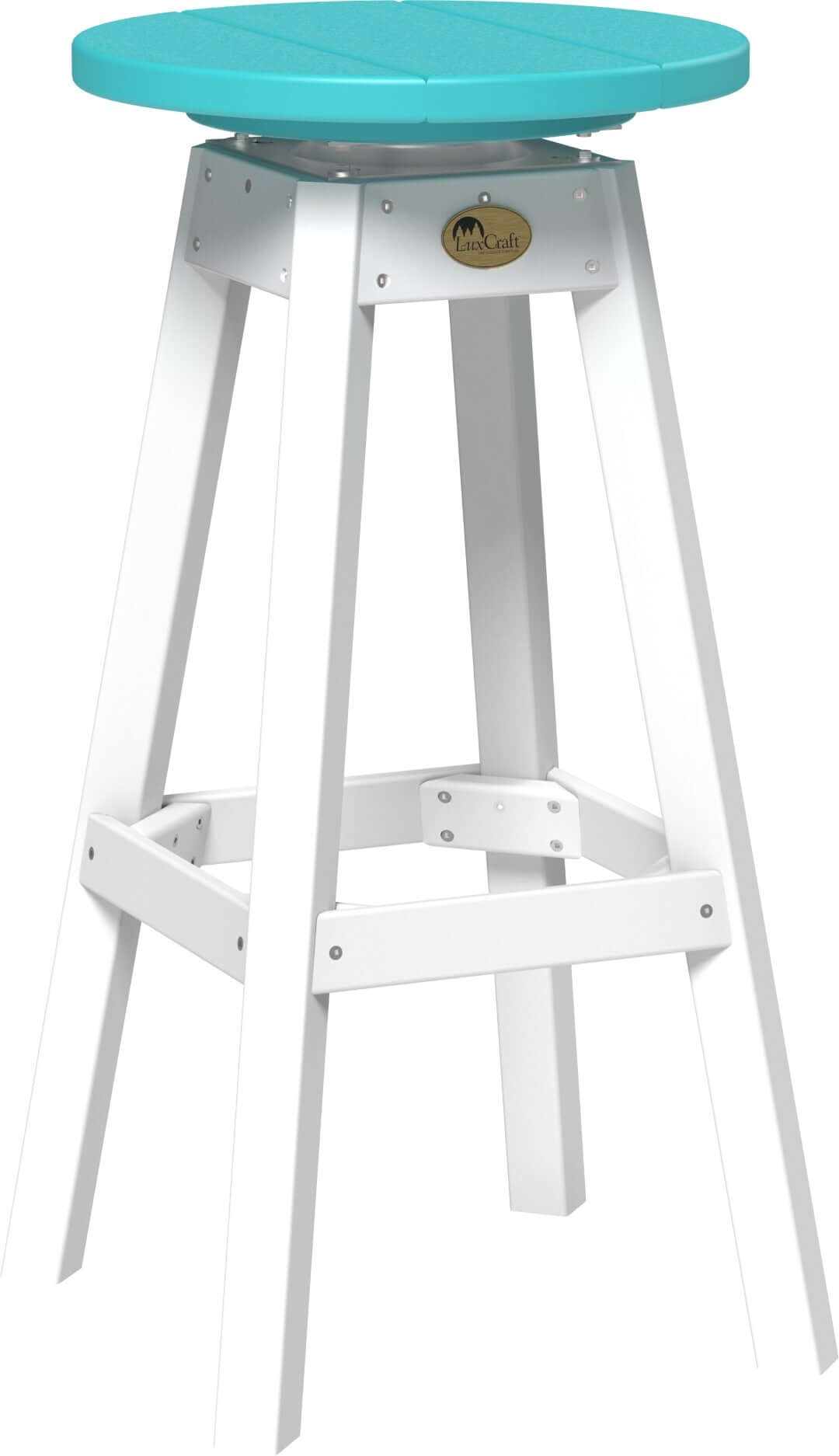 LuxCraft Outdoor Swivel Bar Stool in Aruba Blue and White positioned for outdoor patio seating — all-weather outdoor build