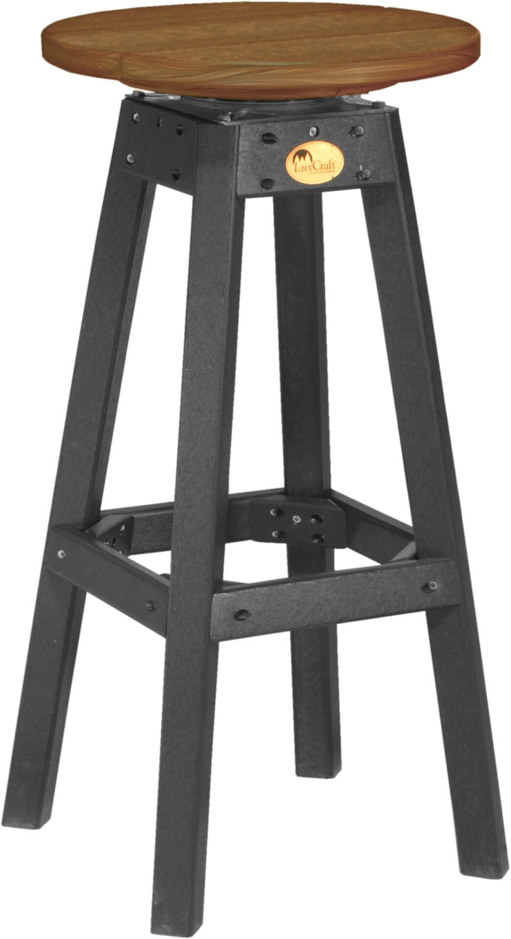 LuxCraft Outdoor Swivel Bar Stool in Antique Mahogany and Black configured for outdoor dining or lounging — fade-resistant poly
