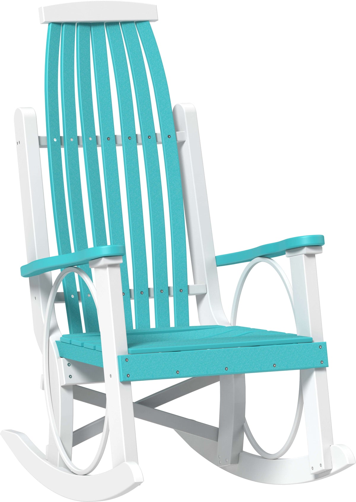 LuxCraft Grandpa's Rocker 3-Piece Set (Deluxe End Table) in Aruba Blue and White — classic porch-rocker profile, fade-resistant poly