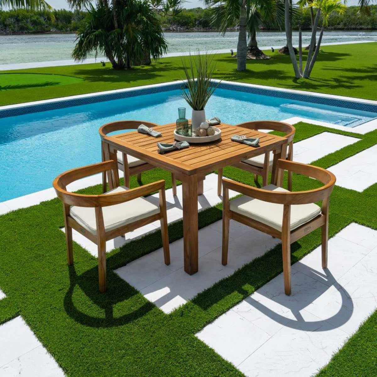 Panama Jack 5-piece outdoor square dining table set made with Grade-A teak wood with cushions