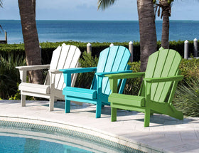 Panama Jack weather-resistant Poly-resin folding Adirondack chair with stainless steel hardware.