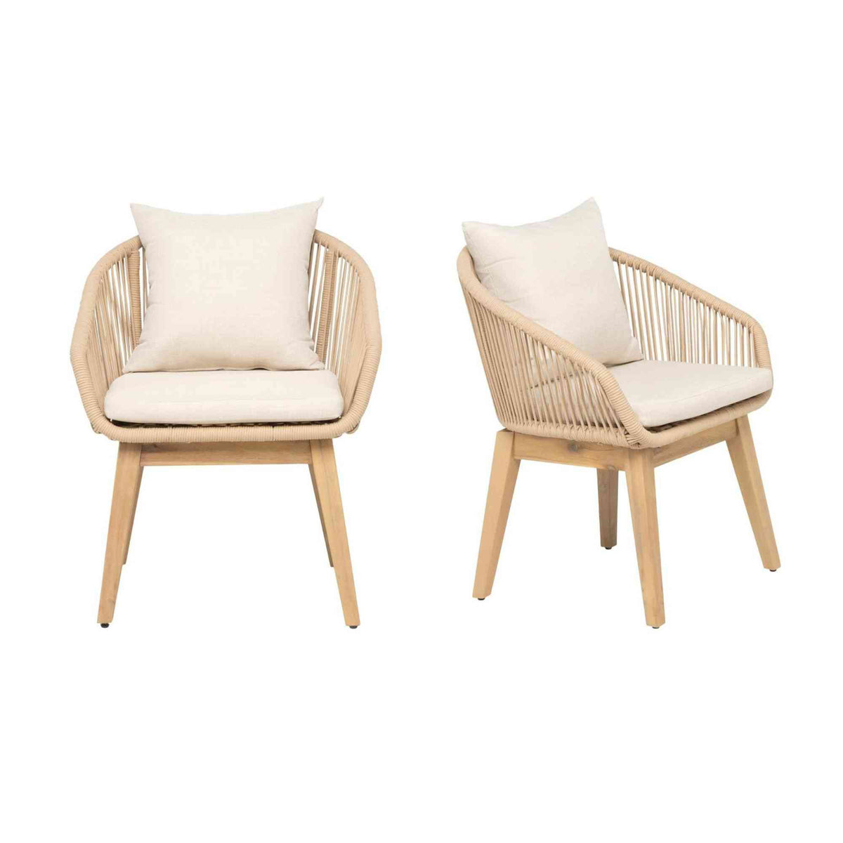 Panama Jack outdoor dining armchairs made with Acacia wood for a natural wood finish with cushions set of 2