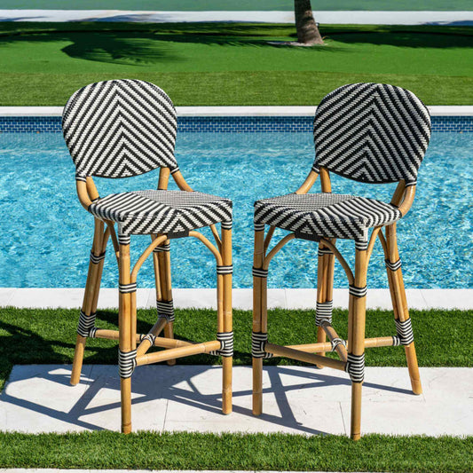 Panama Jack indoor or sunroom black & white set of 2 bar stools with supportive backrest and footrest