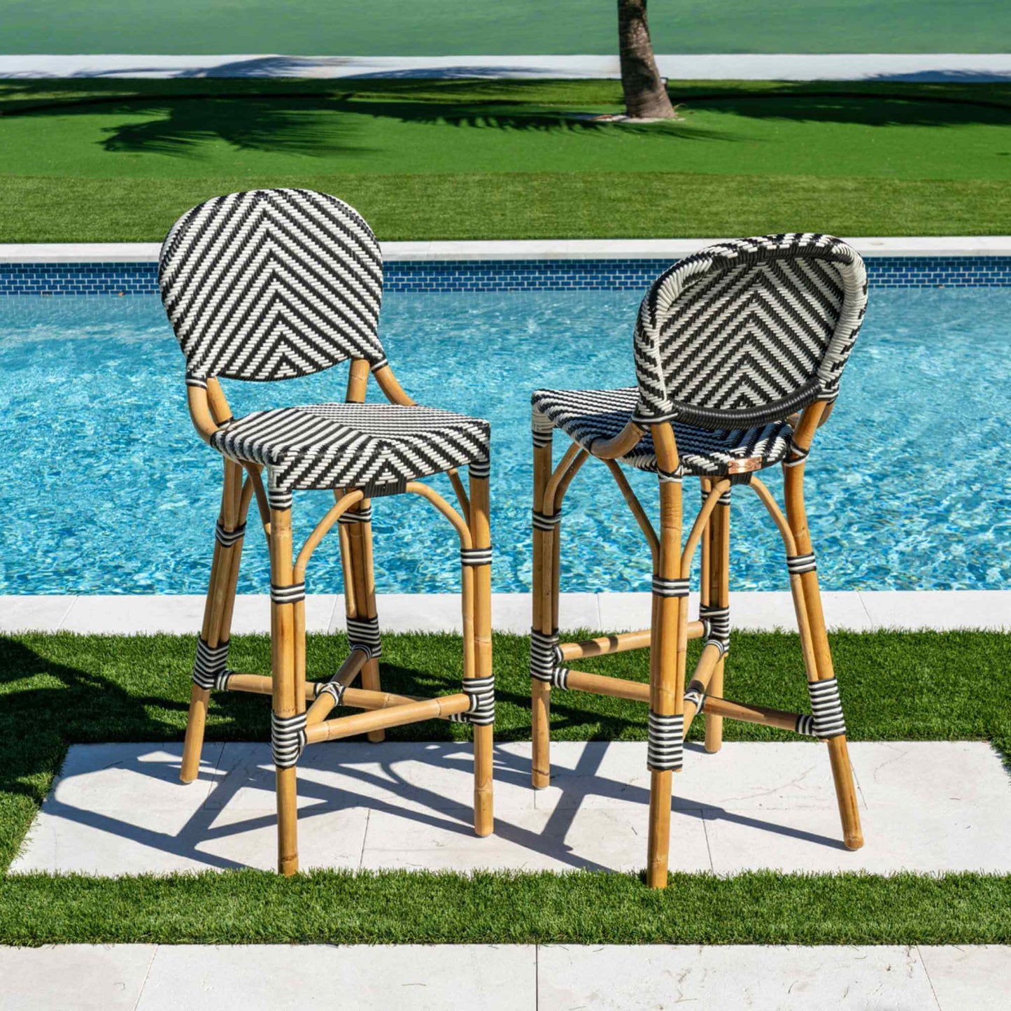 Panama Jack indoor or sunroom black & white set of 2 bar stools with supportive backrest and footrest