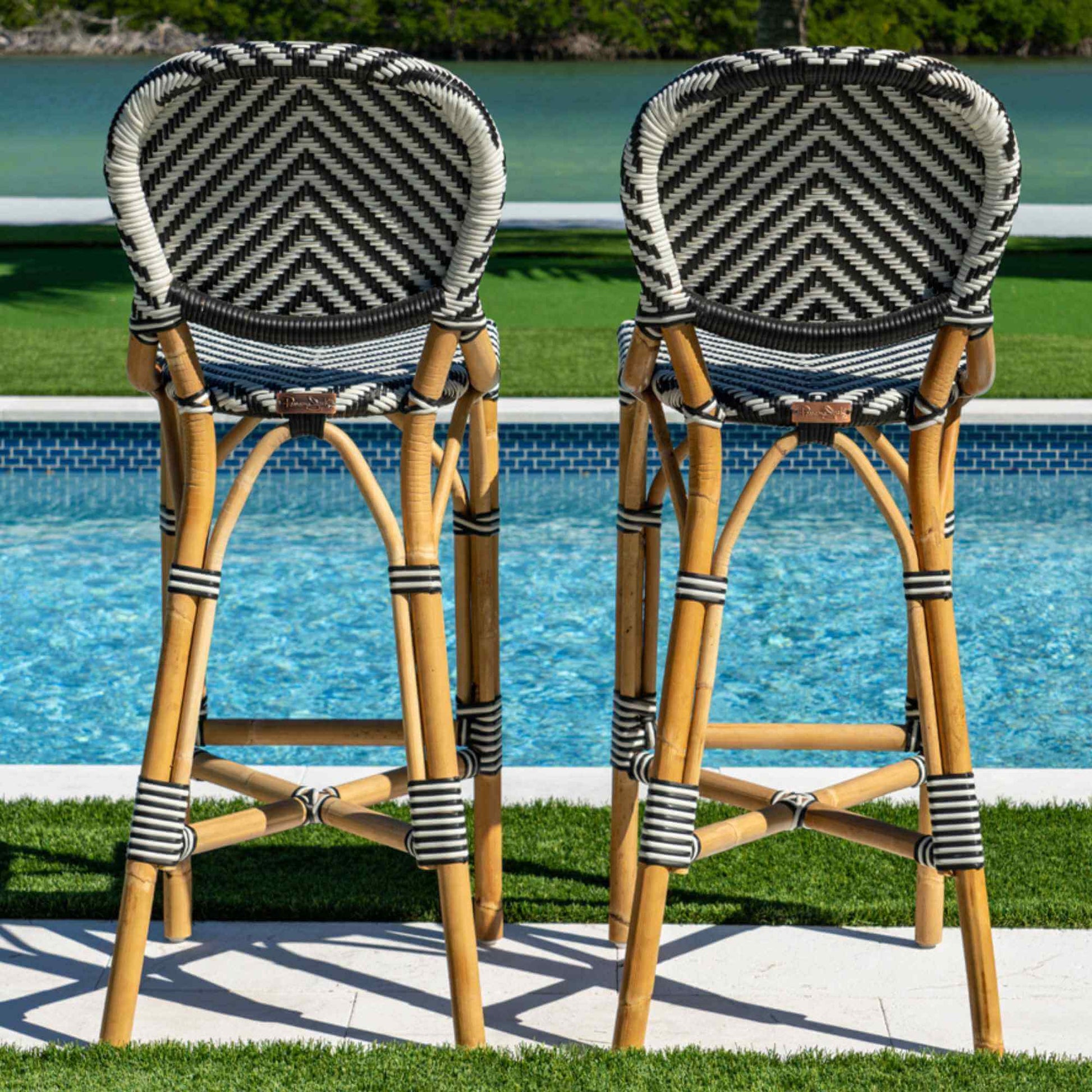 Panama Jack indoor or sunroom black & white set of 2 bar stools with supportive backrest and footrest