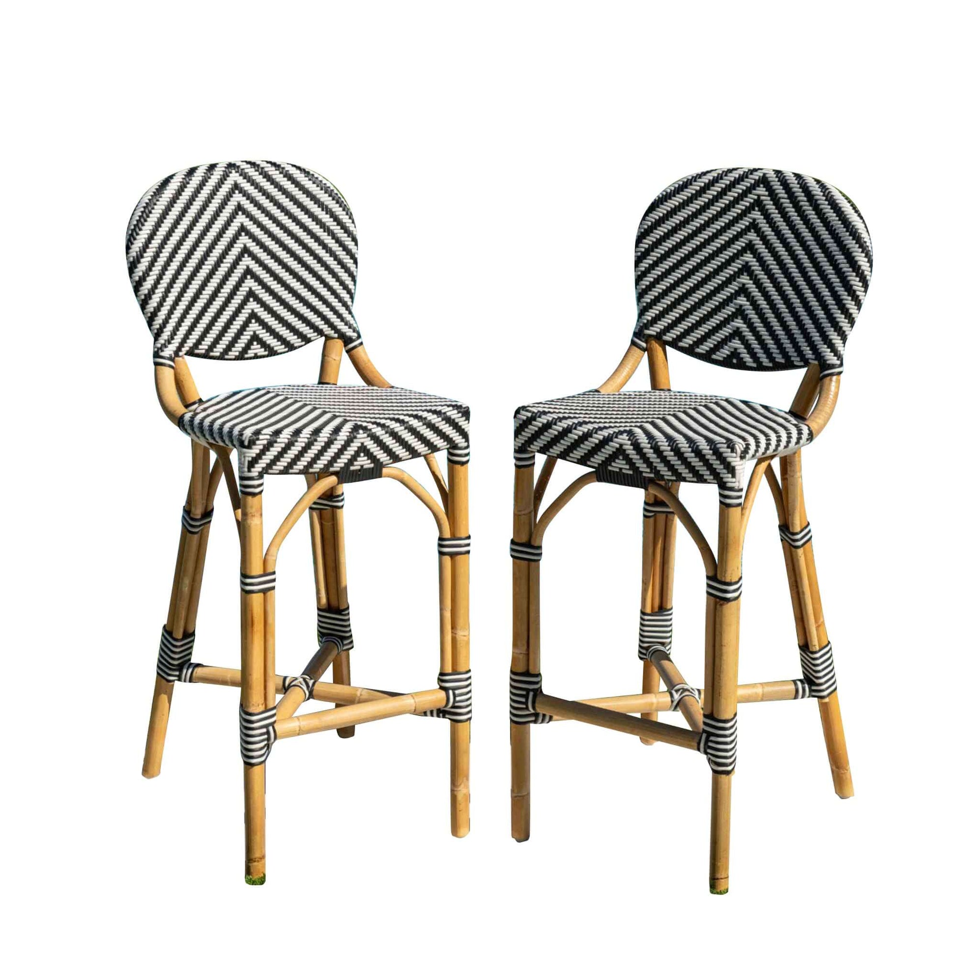 Panama Jack indoor or sunroom black & white set of 2 bar stools with supportive backrest and footrest