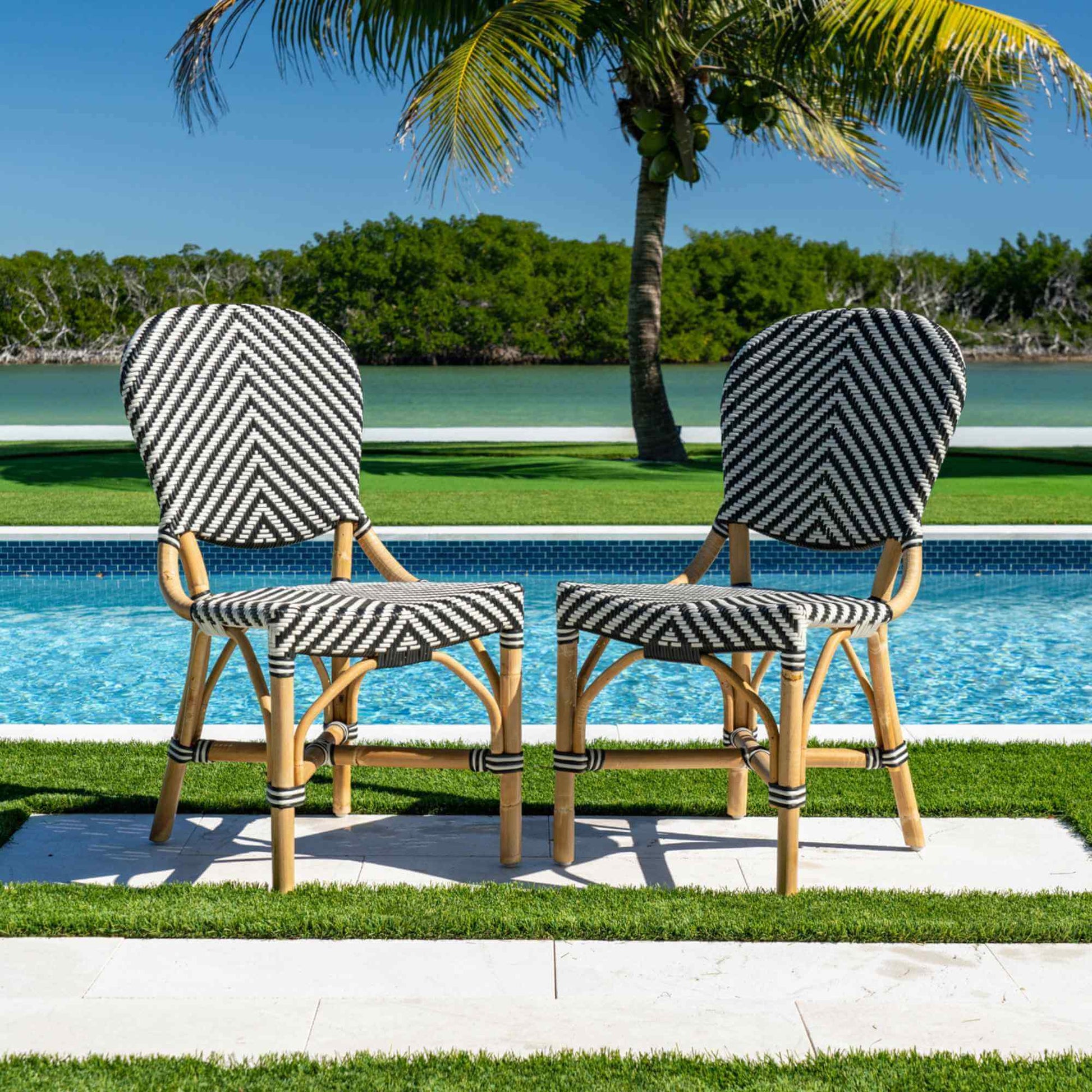 Panama Jack indoor or sunroom black & white set of 2 side chairs with ergonomic design for optimal comfort