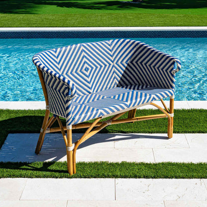 Blue & White synthetic weave with natural rattan frame bistro loveseat