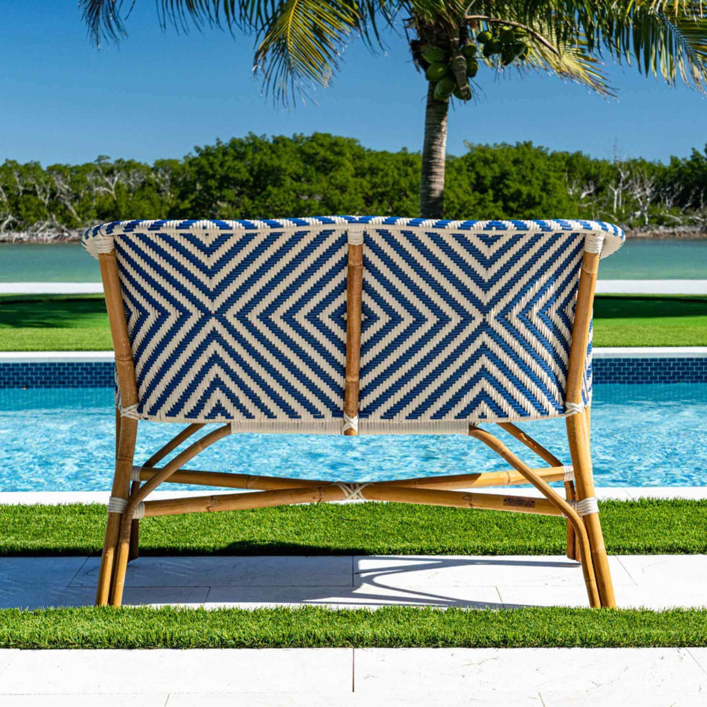 Blue & White synthetic weave with natural rattan frame bistro loveseat