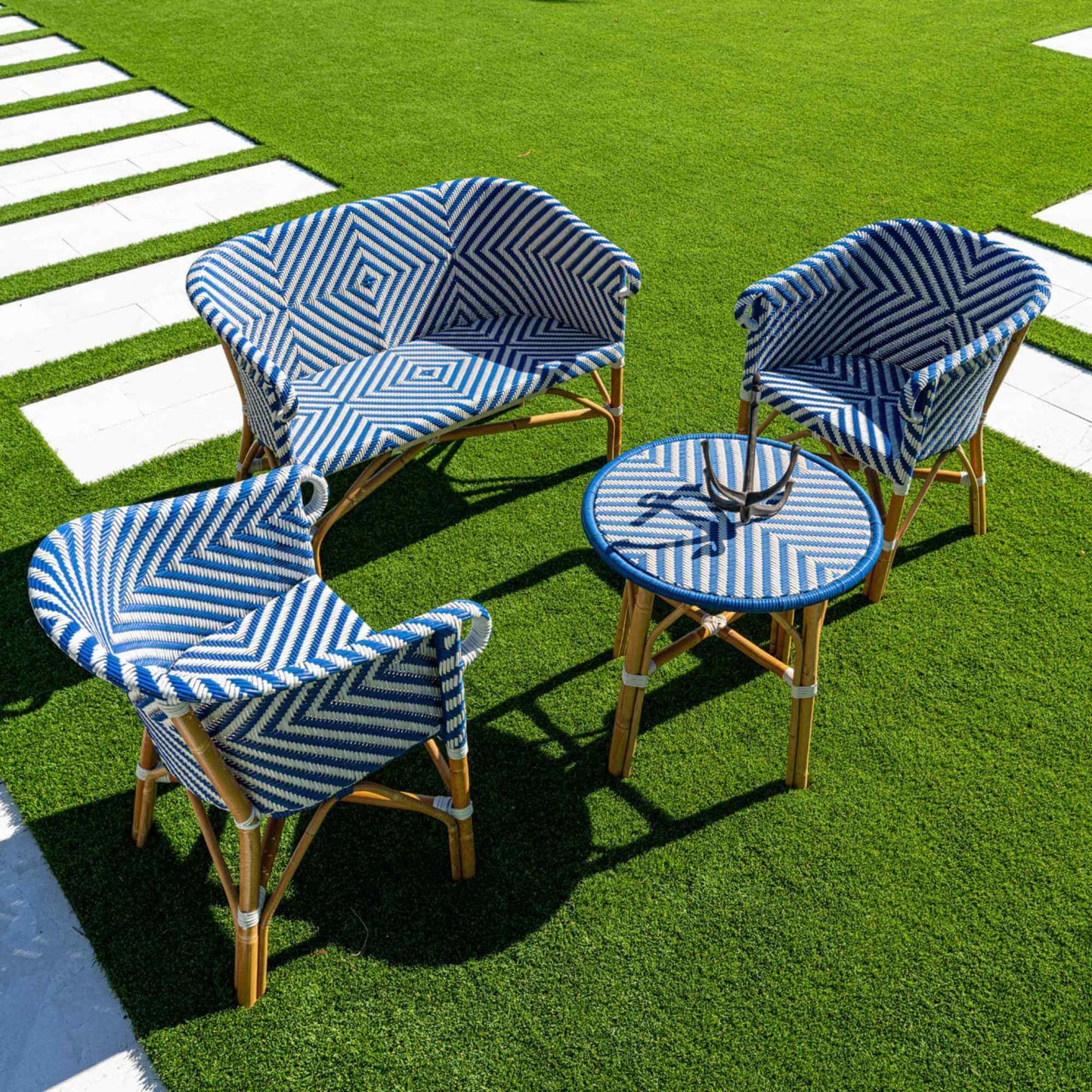 Blue & White synthetic weave with natural rattan frame bistro loveseat