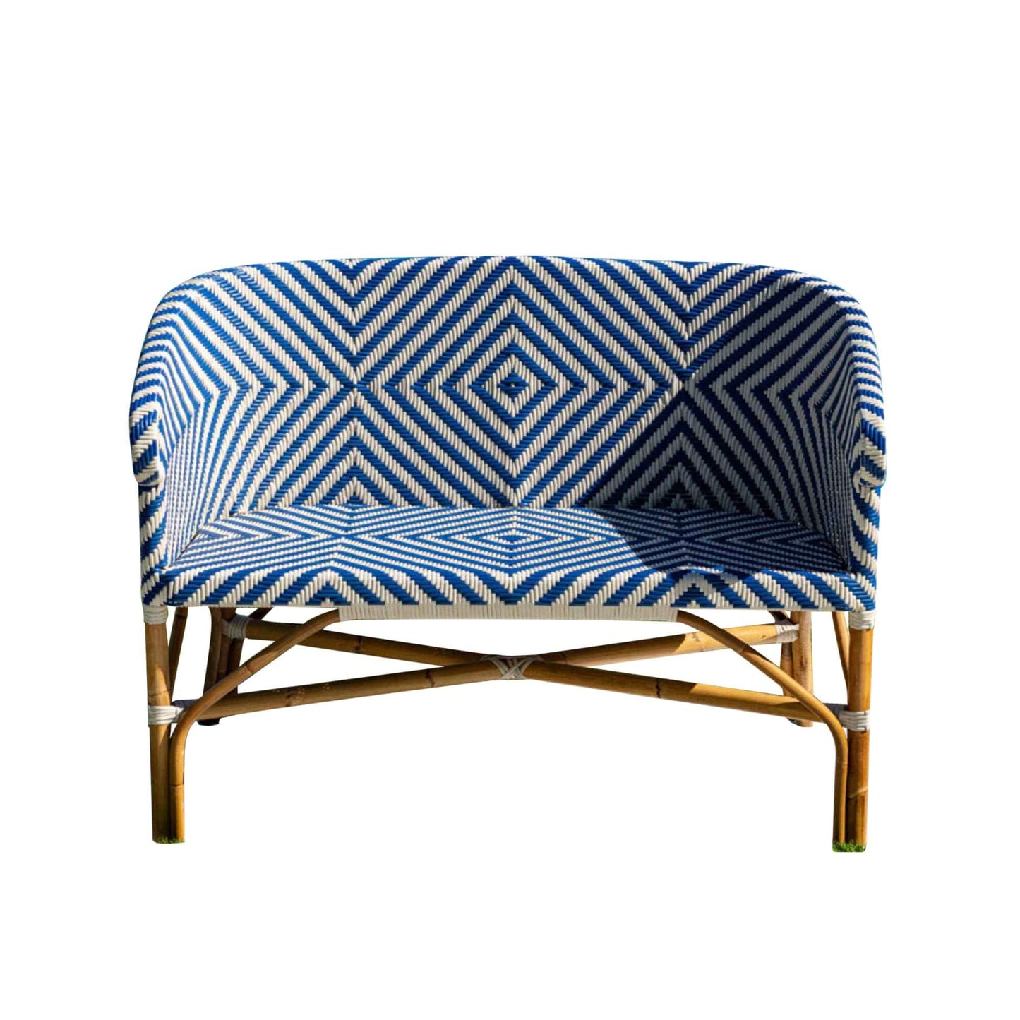 Blue & White synthetic weave with natural rattan frame bistro loveseat