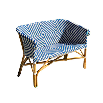 Blue & White synthetic weave with natural rattan frame bistro loveseat