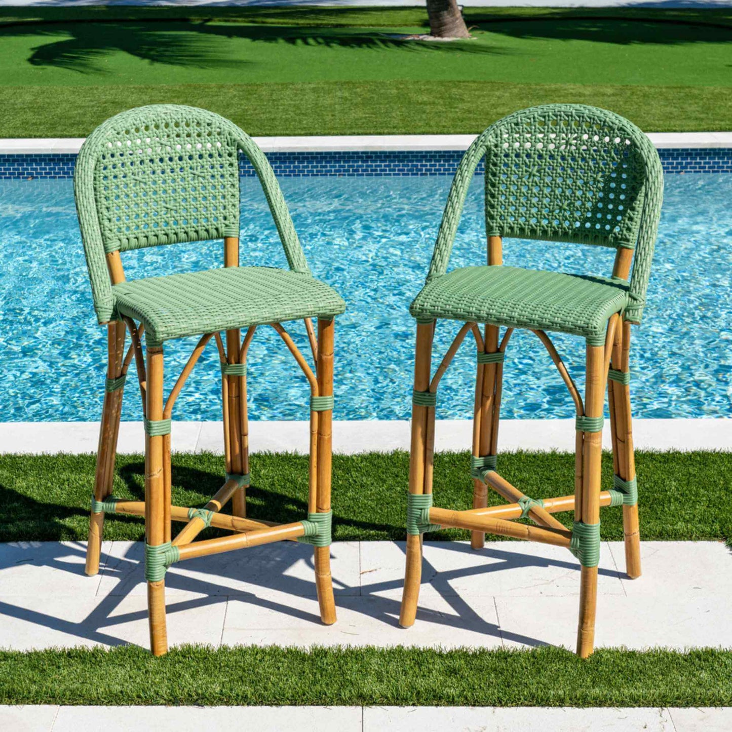 Panama Jack set of 2 green sunroom and indoor bar stools with elevated seating and supportive backrest