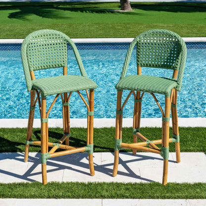 Panama Jack set of 2 green sunroom and indoor bar stools with elevated seating and supportive backrest