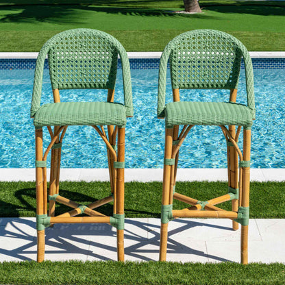 Panama Jack set of 2 green sunroom and indoor bar stools with elevated seating and supportive backrest