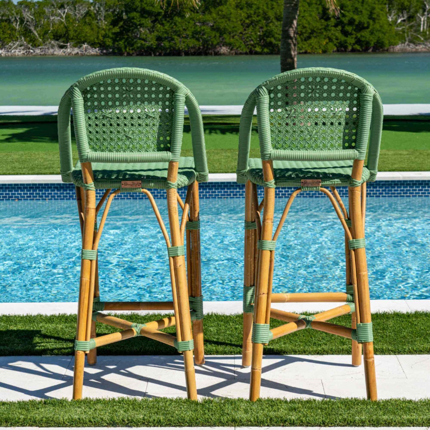 Panama Jack set of 2 green sunroom and indoor bar stools with elevated seating and supportive backrest