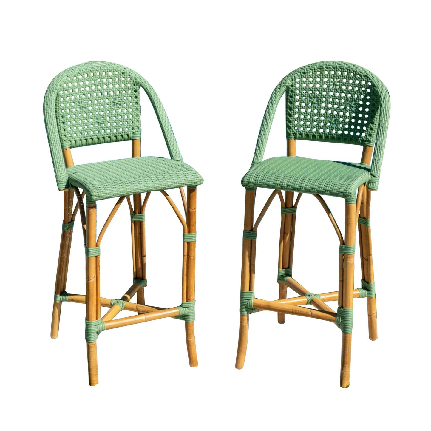 Panama Jack set of 2 green sunroom and indoor bar stools with elevated seating and supportive backrest