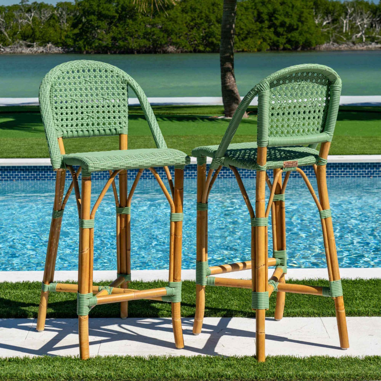 Panama Jack indoor or sunroom green & white set of 2 counter stools with supportive backrest and footrest