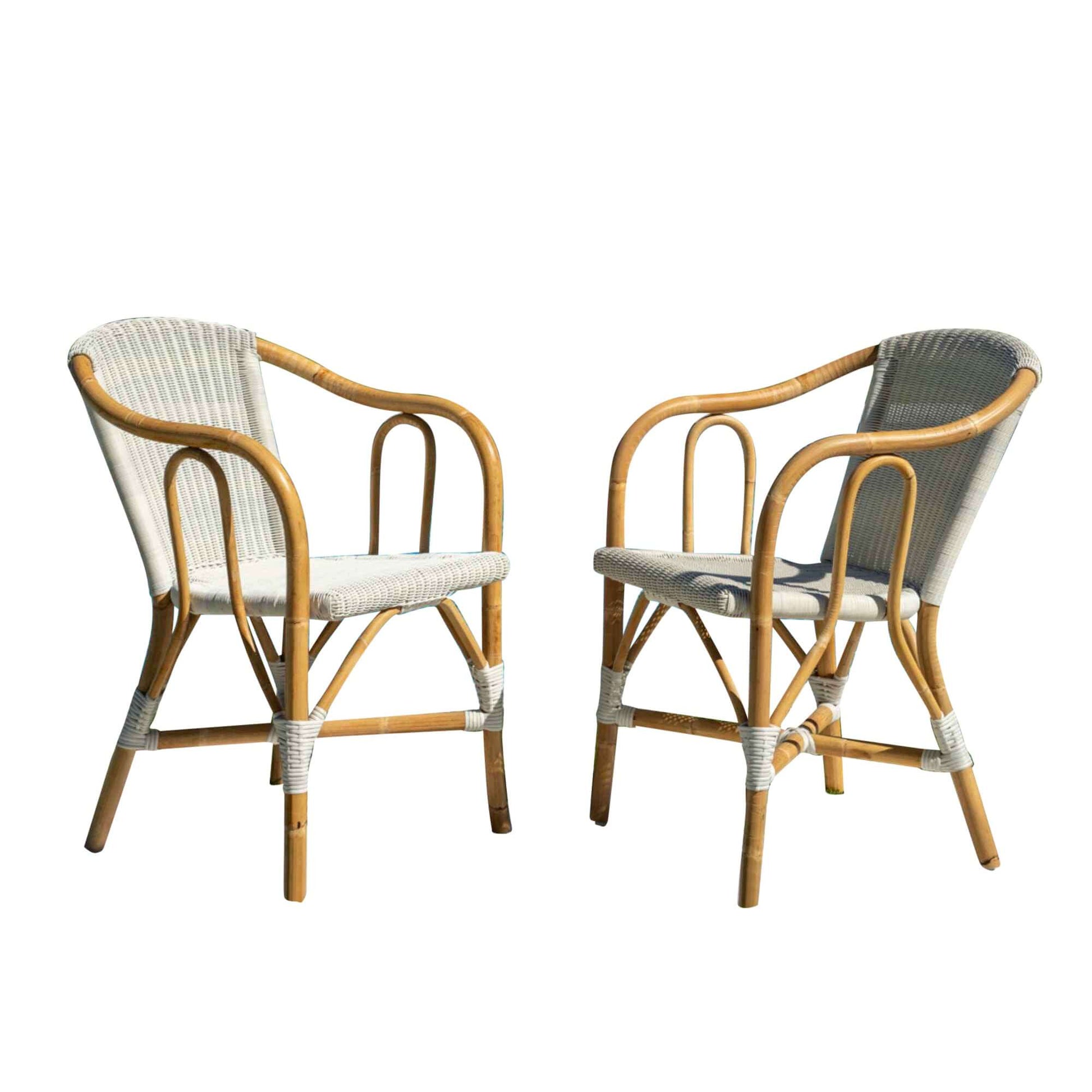 White indoor and sunroom set of 2 bistro armchairs compact size ideal for smaller spaces or bistro dining setups