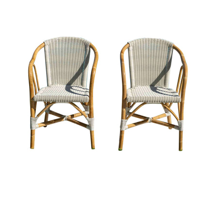 White indoor and sunroom set of 2 bistro armchairs compact size ideal for smaller spaces or bistro dining setups