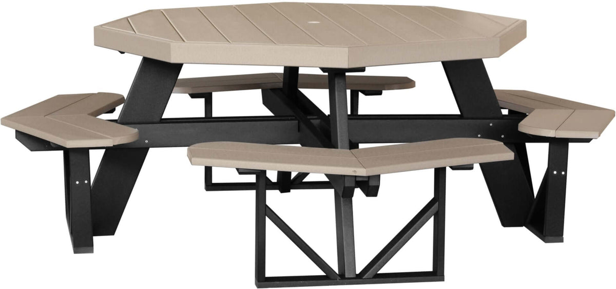 LuxCraft Octagon Picnic Table in Weatherwood and Black — Amish-crafted recycled poly, 20-year poly durability